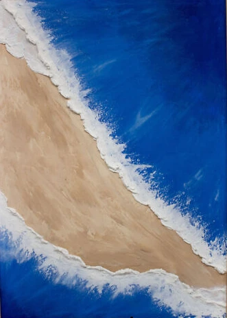 Teine maal seeriast "Sandy Beach". 50x70 cm teos, kus sügavsinine vesi ja liivakarva pruun kohtuvad kahe dünaamilise valge vahuse veeribaga.