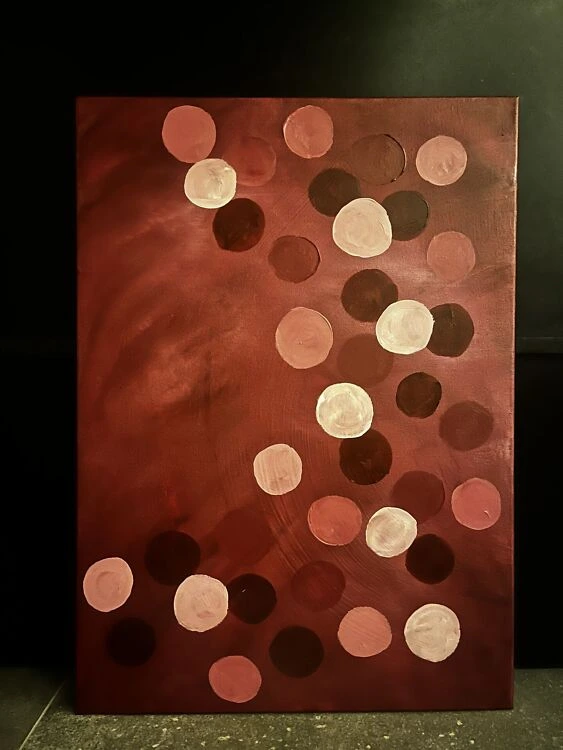 Akrüülmaal lõuendil "Bubble effect". Lillakad ja roosad mummud 3D-efektiga, valged heledamad toonid pealpool loovad varju ja sügavuse.