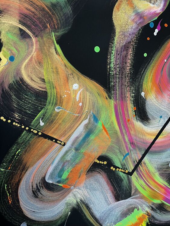 Abstraktne maal mustal taustal, kus on kujutatud siksakilisi ja sinka-vonka liikuvaid helendavaid neoonvärve, mis meenutavad peotulesid või ilutulestikku.