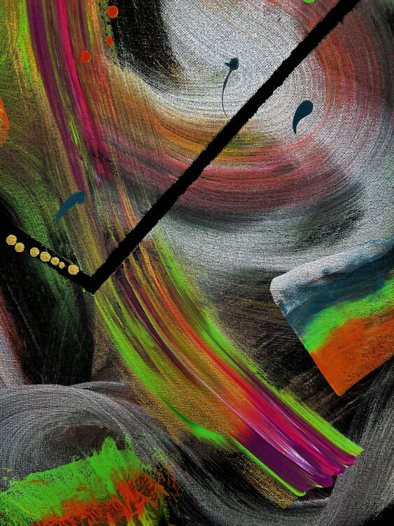 Abstraktne maal mustal taustal, kus on kujutatud siksakilisi ja sinka-vonka liikuvaid helendavaid neoonvärve, mis meenutavad peotulesid või ilutulestikku.