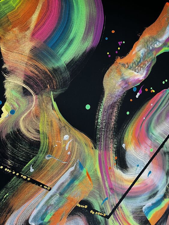 Abstraktne maal mustal taustal, kus on kujutatud siksakilisi ja sinka-vonka liikuvaid helendavaid neoonvärve, mis meenutavad peotulesid või ilutulestikku.