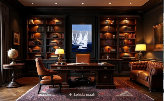 Akrüülmaal sinistes ja valgetes toonides, kus tumedal veepinnal sõidavad valged purjekad ning taustal kõrgub massiivne hõbedaselt läikiv kivimägi.