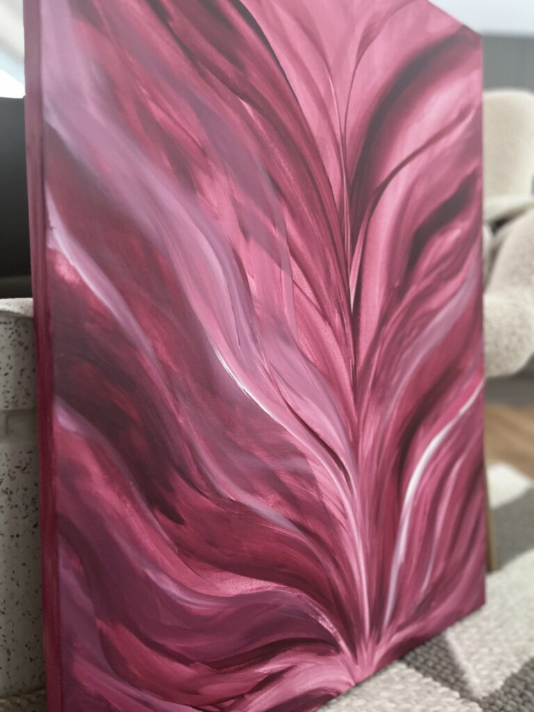 Akrüülmaal ‘Flowerpower’, mis kujutab liuglevat lilleharmooniat lillades, tumeroosades, heleroosades ja valgete aktsentidega.