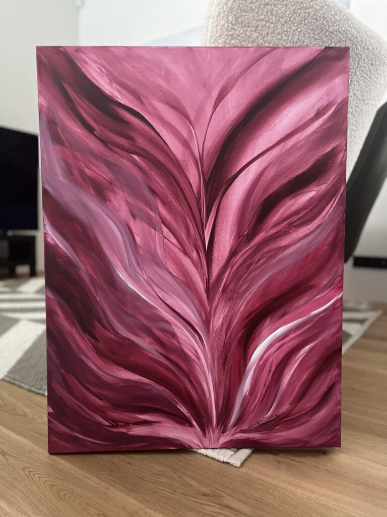 Akrüülmaal ‘Flowerpower’, mis kujutab liuglevat lilleharmooniat lillades, tumeroosades, heleroosades ja valgete aktsentidega.