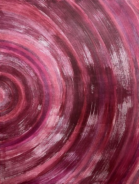 Akrüülmaal Lillandia, millel on lillad ja roosakad poolringikujulised struktuursed tõmbed, loovad dünaamilise ja helge meeleolu.