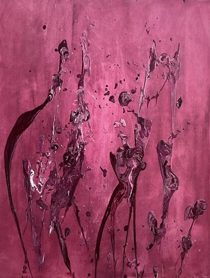 Abstraktne struktuurmaal Purple Flower lillades ja roosades toonides, kus tekstuursed lilled meenutavad tantsivaid figuure