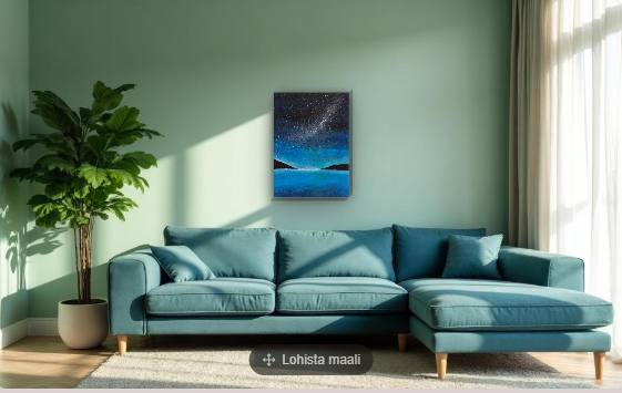 Abstraktne maal öisest tähistaevast ja Linnuteest vee ja puude siluettidega, sinised ja mustad toonid, autor the flos edit.