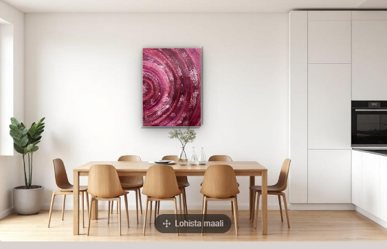 Akrüülmaal Lillandia, millel on lillad ja roosakad poolringikujulised struktuursed tõmbed, loovad dünaamilise ja helge meeleolu.