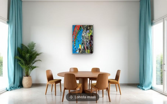 Kirju ja abstraktne akrüülmaal mänglevate looklevate värvidega, mida kaunistavad sätendav kuldne puru ja kevadisi lilleõisi meenutavad värvilaigud