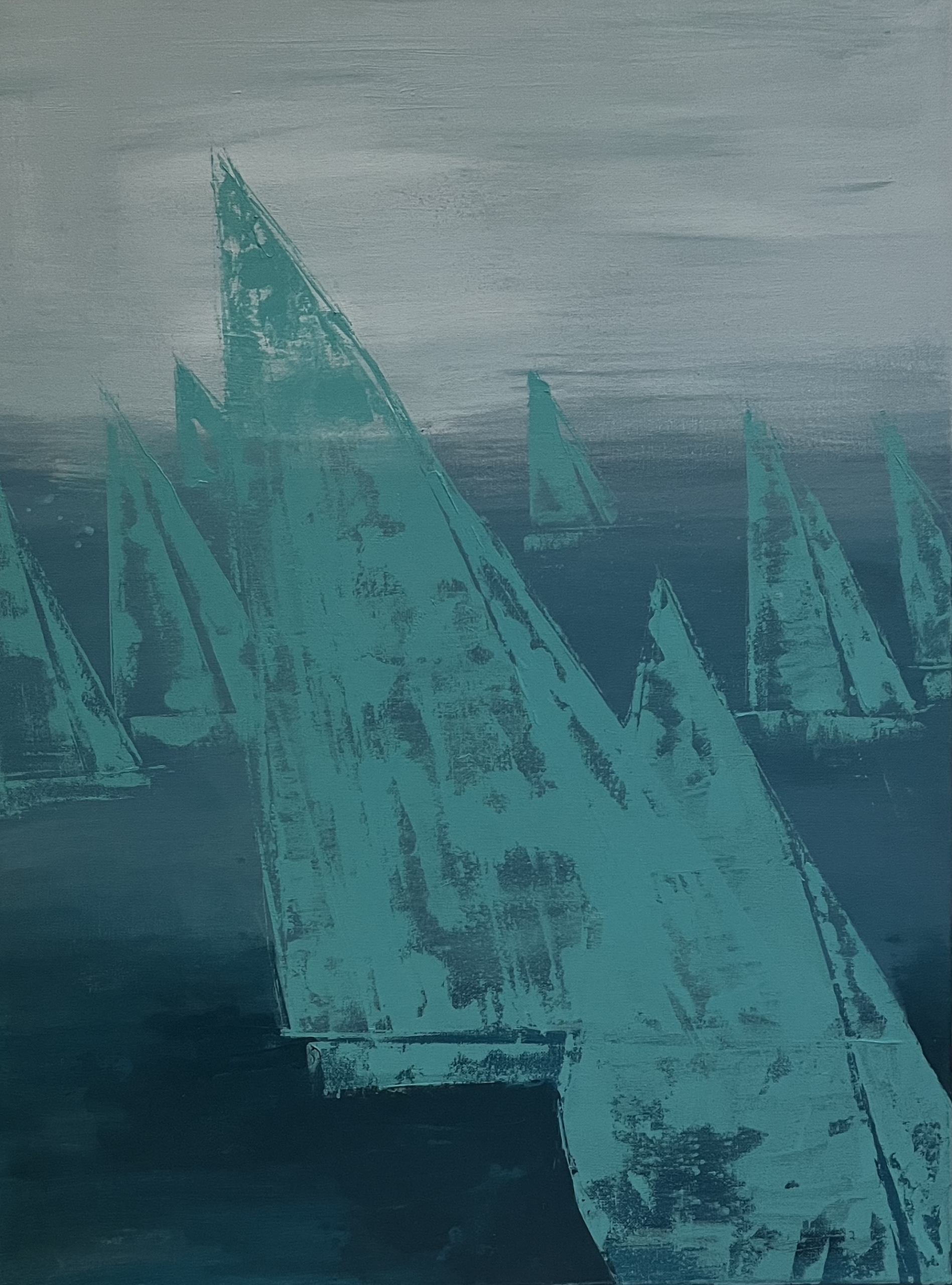 Abstraktne struktuurmaal Azure Sails, kus türkiissinisel troopilisel veel on kujutatud valged purjekad. Dünaamiline ja värske mereteemaline akrüülmaal.