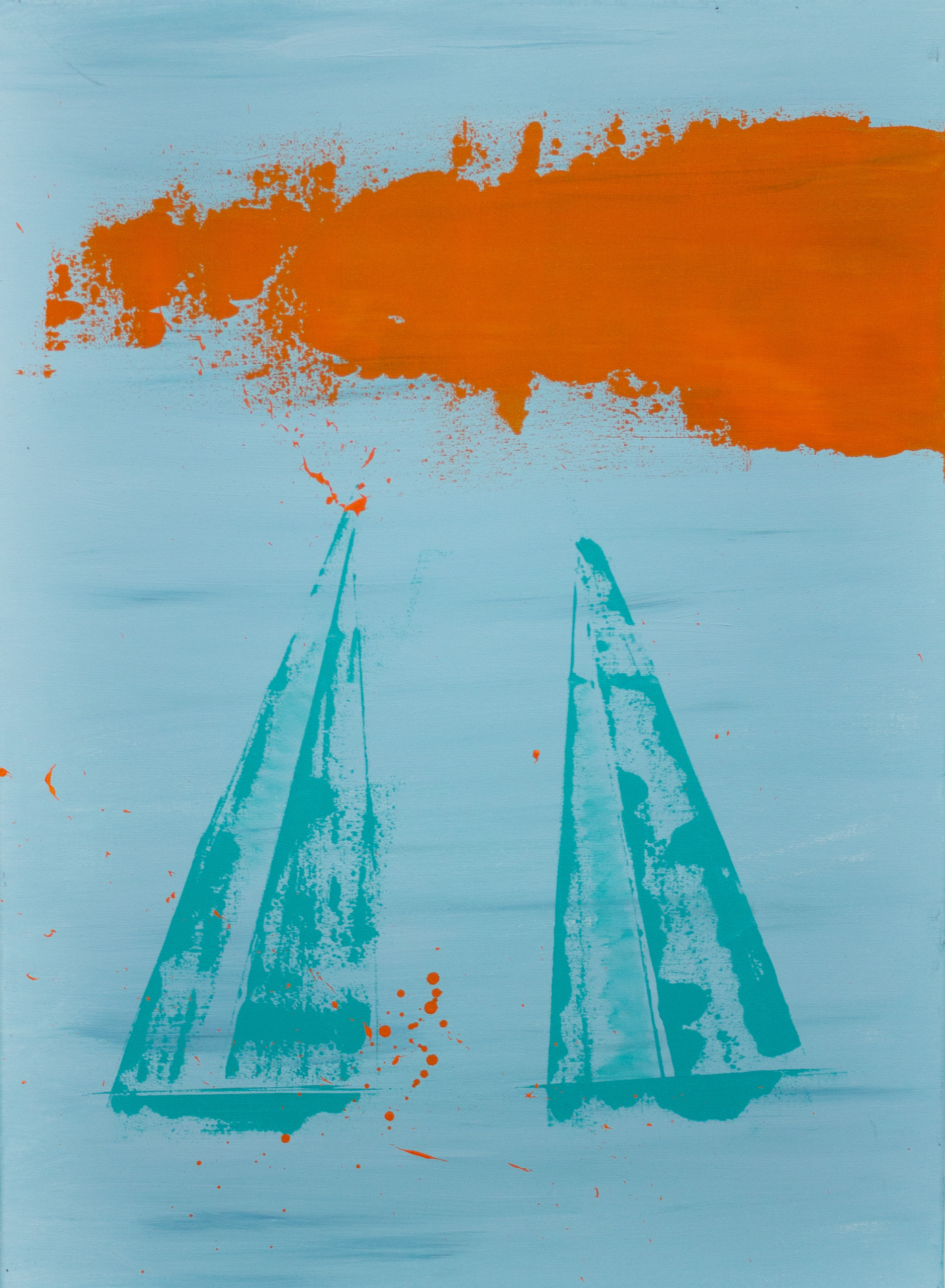 Akrüülmaal "Päikeseloojangu Purjed / Sunset Sails" troopilisest türkiissinisest merest, kus seilavad õrnad mererohelised purjekad, peegeldades suvist ja eksootilist rannikuõhustikku - the flos edit.