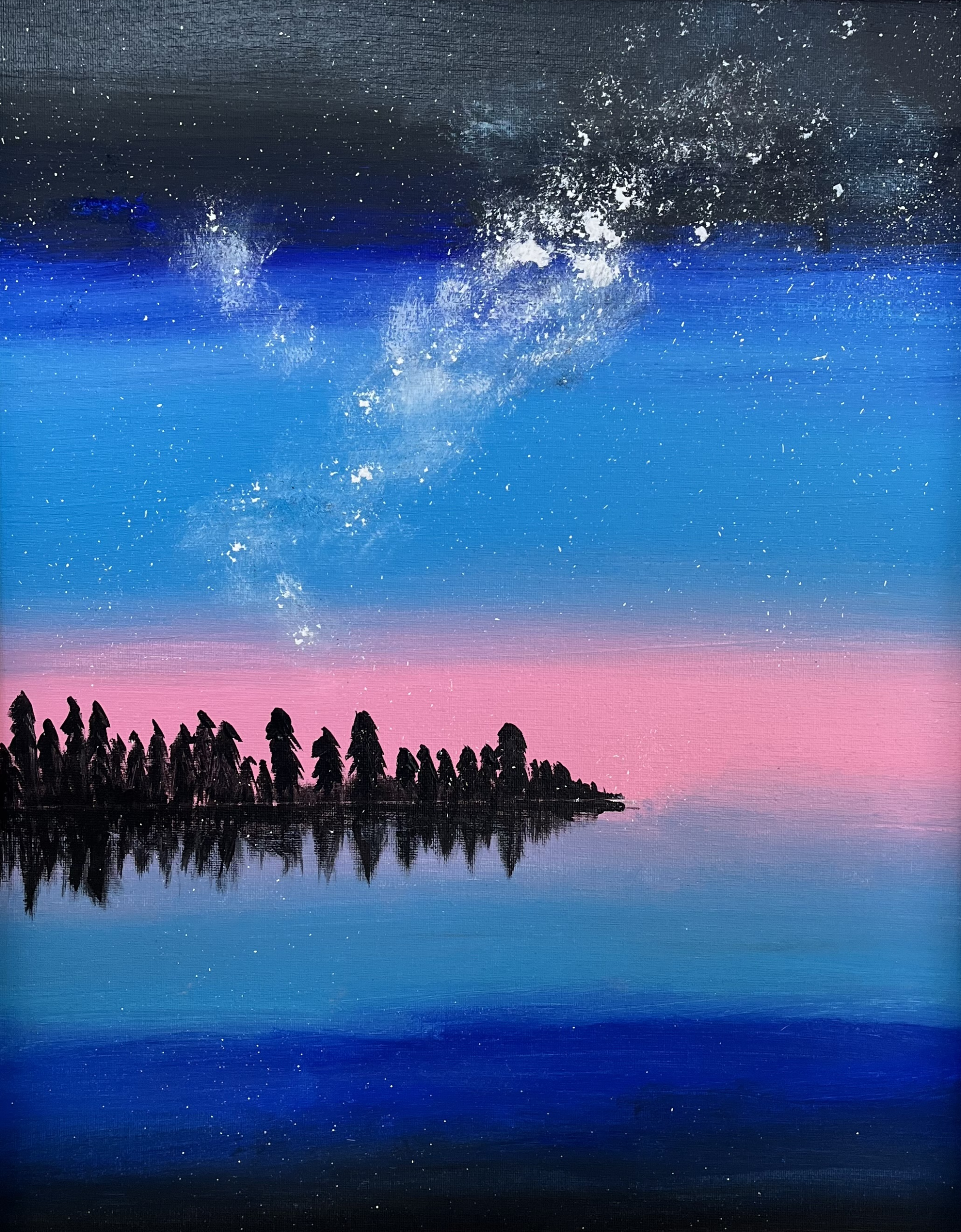 Akrüülmaal, mis kujutab öist tähistaevast puude kohal, nende ees peegelduv vesi ja taevas Milky Way - the flos edit.