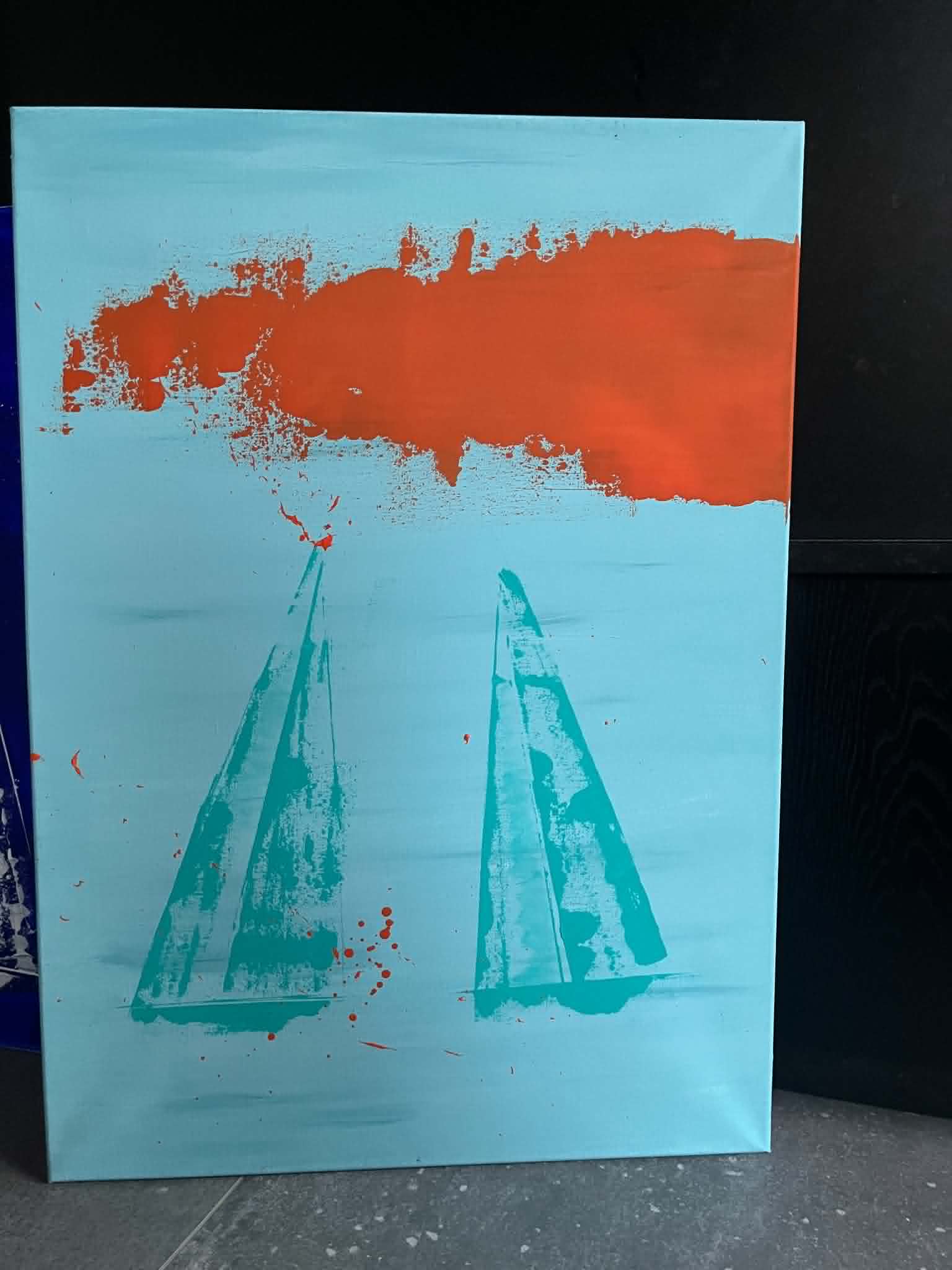 Akrüülmaal "Päikeseloojangu Purjed / Sunset Sails" troopilisest türkiissinisest merest, kus seilavad õrnad mererohelised purjekad, peegeldades suvist ja eksootilist rannikuõhustikku - the flos edit.