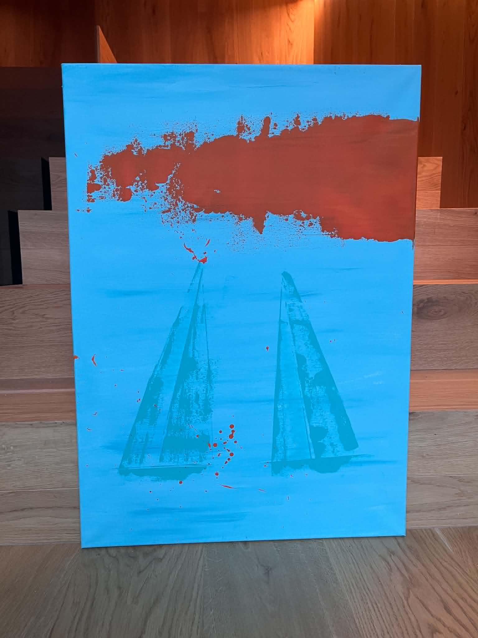 Akrüülmaal "Päikeseloojangu Purjed / Sunset Sails" troopilisest türkiissinisest merest, kus seilavad õrnad mererohelised purjekad, peegeldades suvist ja eksootilist rannikuõhustikku - the flos edit.