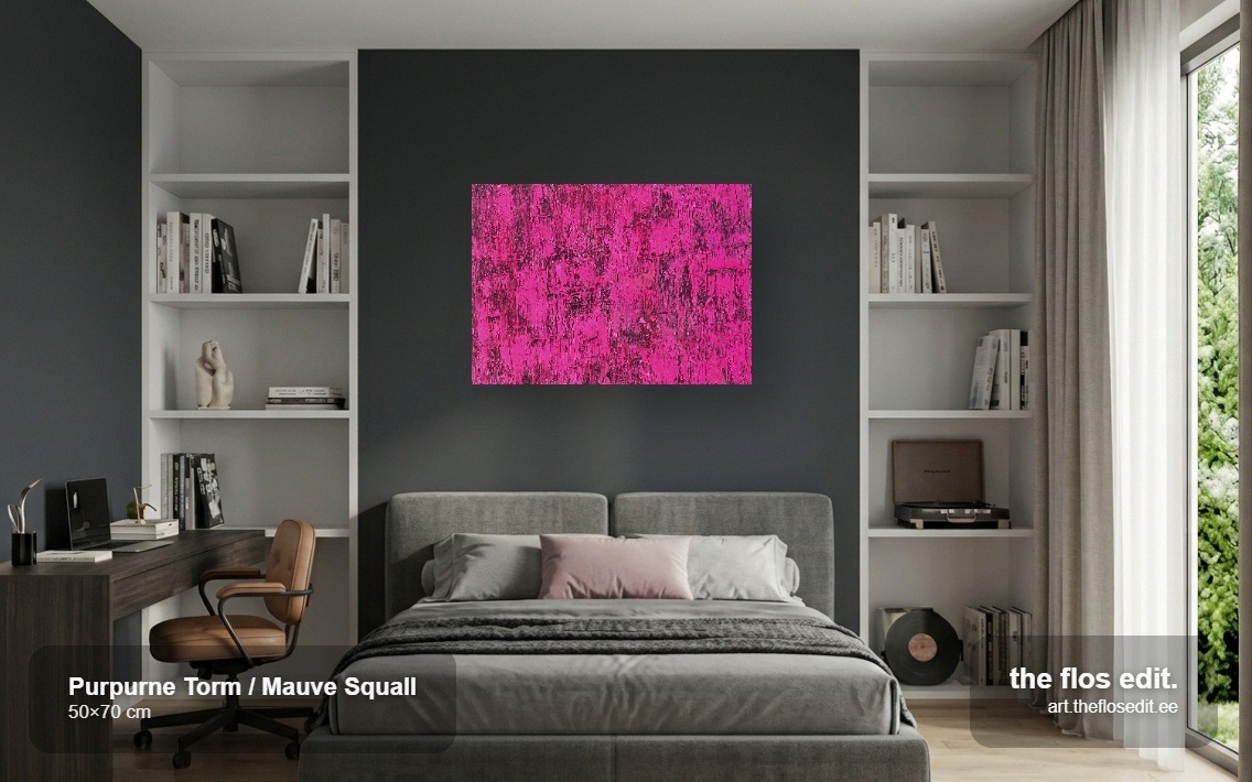 Struktuurne akrüülmaal "Purpurne Torm / Mauve Squall", kus mustal taustal on kujutatud reljeefseid vormid. Luksuslik ja sügava tekstuuriga lillar-oosa seinakunst - the flos edit.